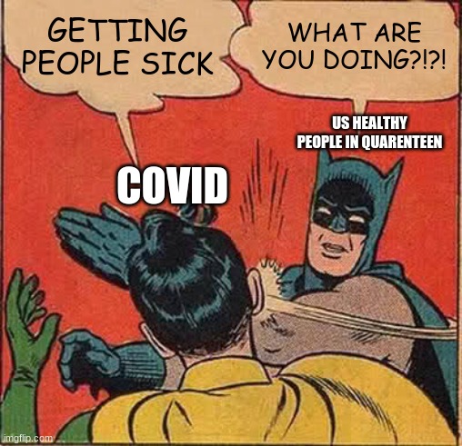 punch covid in the face!!! | GETTING PEOPLE SICK; WHAT ARE YOU DOING?!?! US HEALTHY PEOPLE IN QUARENTEEN; COVID | image tagged in memes,batman slapping robin | made w/ Imgflip meme maker