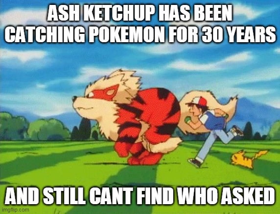gotta find out who the hell aaaasked! | ASH KETCHUP HAS BEEN CATCHING POKEMON FOR 30 YEARS; AND STILL CANT FIND WHO ASKED | image tagged in memes,funny,pokemon | made w/ Imgflip meme maker