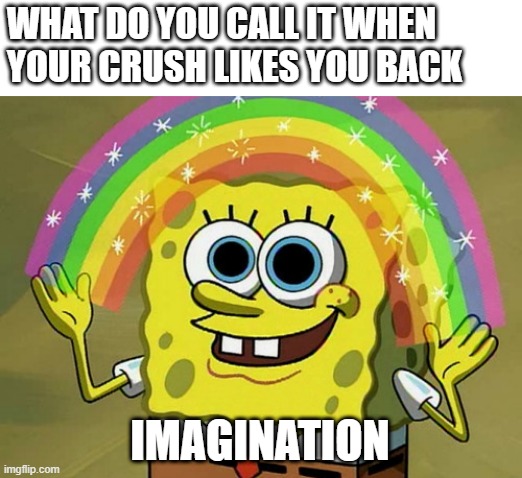 Imagination SpongeBob | WHAT DO YOU CALL IT WHEN YOUR CRUSH LIKES YOU BACK; IMAGINATION | image tagged in memes,imagination spongebob | made w/ Imgflip meme maker