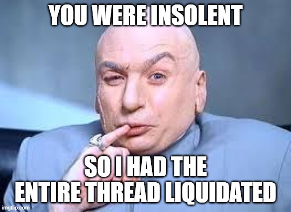 Message board threads mysteriously deleted | YOU WERE INSOLENT; SO I HAD THE ENTIRE THREAD LIQUIDATED | image tagged in dr evil pinky | made w/ Imgflip meme maker