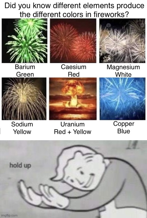 Wow.  Multi colored ones are cool. Or hot. | image tagged in fireworks,fallout hold up,elements,colors,uranium,dark humor | made w/ Imgflip meme maker