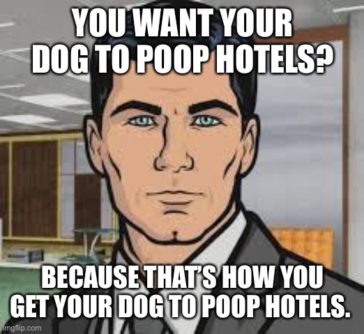 Do you want ants archer | YOU WANT YOUR DOG TO POOP HOTELS? BECAUSE THAT’S HOW YOU GET YOUR DOG TO POOP HOTELS. | image tagged in do you want ants archer | made w/ Imgflip meme maker