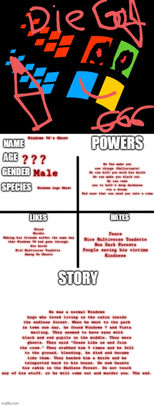 His story takes a violent turn, so read if you dare! | Windows 98's Ghost; He Can make you see things (Hallucinate)
He can kill you with his knife
He can make you black out.
He can take you to hell's deep darkness via a dream.
Red eyes that can send you into a coma; ??? Male; Windows Logo Ghost; Blood
Murder
Making his friends suffer the same way that Windows 98 had gone through.
His knife
Evil Multiverse Toadette 
Among Us Ghosts; Peace
Nice Multiverse Toadette
Non Dark Forests
People saving his victims
Kindness; He was a normal Windows Logo who loved living in the cabin inside the endless forest. When he went to the park in town one day, he found Windows 7 and Vista waiting. They seemed to have eyes with black and red pupils in the middle. They were ghosts. They said "Cease Like us and Join the crew." They stabbed him 5 times and he fell to the ground, bleeding, he died and became like them. They handed him a knife and he teleported back to his house. He now haunts his cabin in the Endless Forest. Do not touch any of his stuff, or he will come out and murder you. The end. | image tagged in oc detailed showcase | made w/ Imgflip meme maker