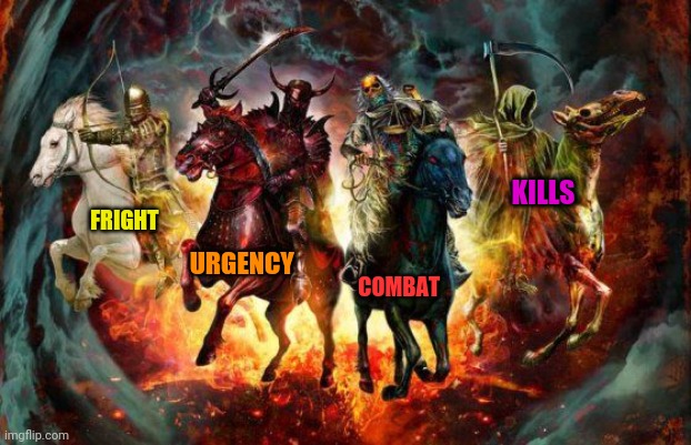 The four horsemen of swears | FRIGHT URGENCY COMBAT KILLS | image tagged in four horsemen,swearing,puzzle,i have no idea what i am doing | made w/ Imgflip meme maker