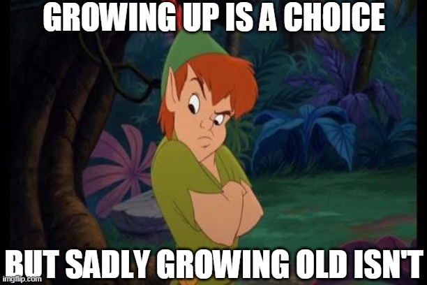 GROWING UP IS A CHOICE BUT SADLY GROWING OLD ISN'T | image tagged in peter pan syndrome | made w/ Imgflip meme maker