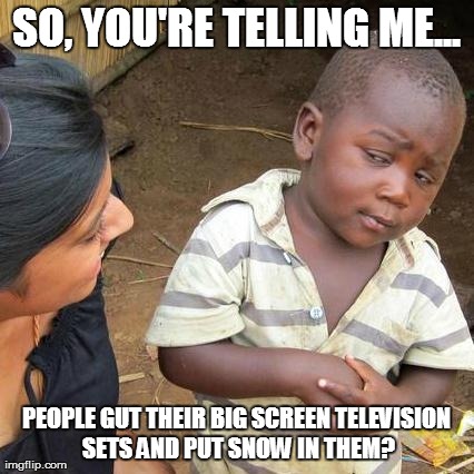 Third World Skeptical Kid Meme | SO, YOU'RE TELLING ME... PEOPLE GUT THEIR BIG SCREEN TELEVISION SETS AND PUT SNOW IN THEM? | image tagged in memes,third world skeptical kid | made w/ Imgflip meme maker