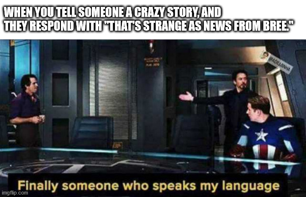 Finally someone who speaks my language | WHEN YOU TELL SOMEONE A CRAZY STORY, AND THEY RESPOND WITH "THAT'S STRANGE AS NEWS FROM BREE." | image tagged in finally someone who speaks my language | made w/ Imgflip meme maker