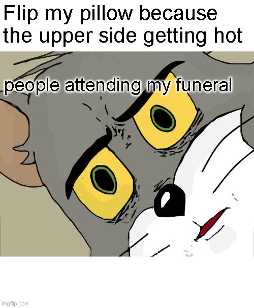 First try | Flip my pillow because the upper side getting hot; people attending my funeral | image tagged in memes,unsettled tom | made w/ Imgflip meme maker