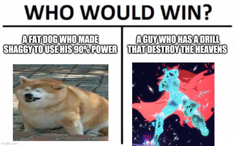 Fat doggo | A FAT DOG WHO MADE SHAGGY TO USE HIS 90% POWER; A GUY WHO HAS A DRILL THAT DESTROY THE HEAVENS | image tagged in memes,who would win | made w/ Imgflip meme maker