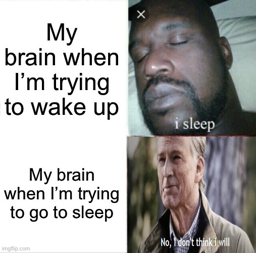 Sleeping Shaq Meme | My brain when I’m trying to wake up; My brain when I’m trying to go to sleep | image tagged in if you are reading this,then i will,never give you up,and i will never let you down,i will never run around and desert you | made w/ Imgflip meme maker
