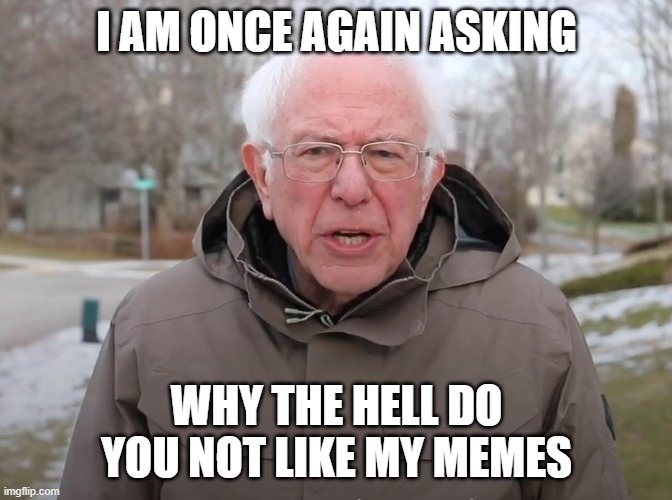 Bernie Sanders Once Again Asking | I AM ONCE AGAIN ASKING; WHY THE HELL DO YOU NOT LIKE MY MEMES | image tagged in bernie sanders once again asking | made w/ Imgflip meme maker