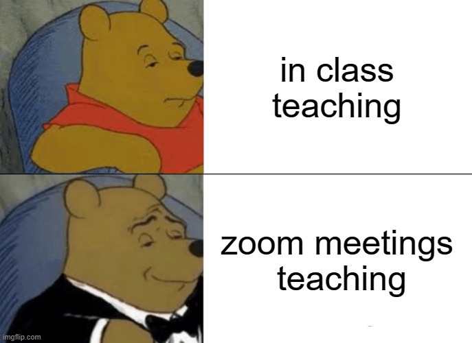 Tuxedo Winnie The Pooh Meme | in class teaching; zoom meetings
 teaching | image tagged in memes,tuxedo winnie the pooh | made w/ Imgflip meme maker