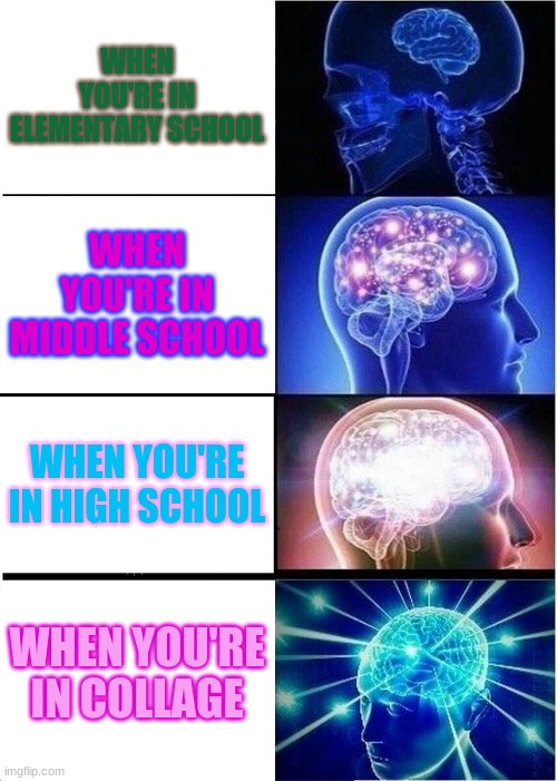 School. | WHEN YOU'RE IN ELEMENTARY SCHOOL; WHEN YOU'RE IN MIDDLE SCHOOL; WHEN YOU'RE IN HIGH SCHOOL; WHEN YOU'RE IN COLLAGE | image tagged in memes,expanding brain | made w/ Imgflip meme maker