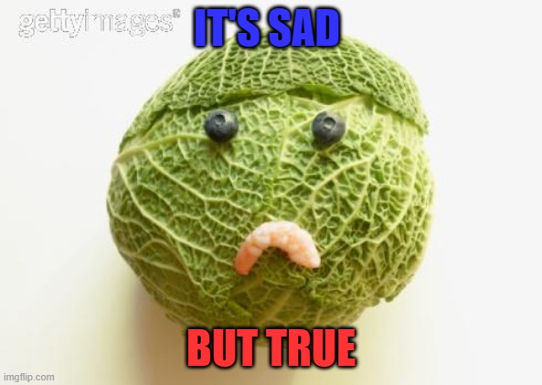 sad cabbage | IT'S SAD BUT TRUE | image tagged in sad cabbage | made w/ Imgflip meme maker