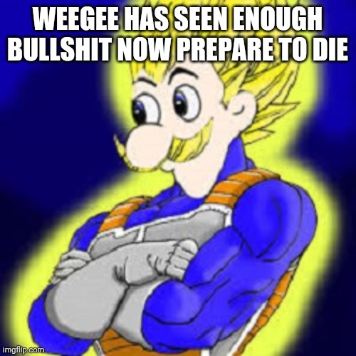 Super Saiyan Weegee | WEEGEE HAS SEEN ENOUGH BULLSHIT NOW PREPARE TO DIE | image tagged in super saiyan weegee | made w/ Imgflip meme maker