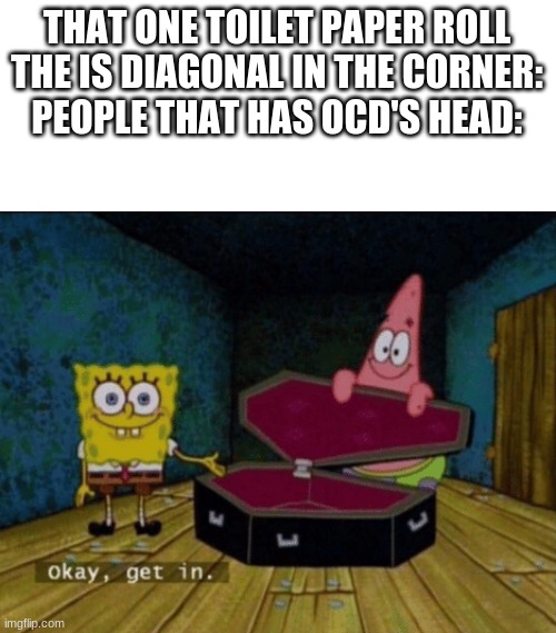 "Okay, Get in." | THAT ONE TOILET PAPER ROLL THE IS DIAGONAL IN THE CORNER:
PEOPLE THAT HAS OCD'S HEAD: | image tagged in okay get in | made w/ Imgflip meme maker