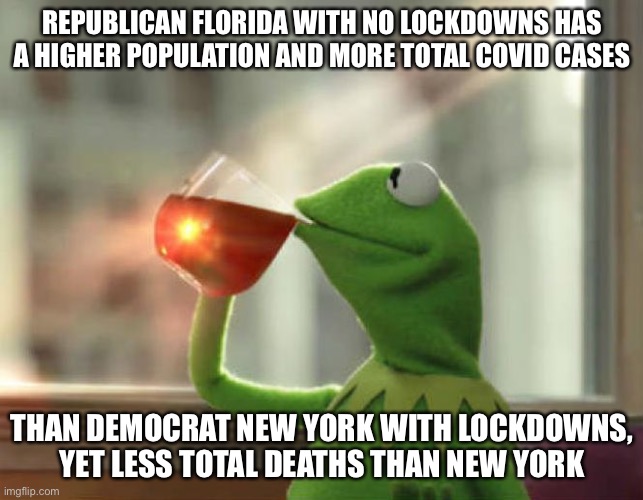 Lockdowns accomplish nothing | REPUBLICAN FLORIDA WITH NO LOCKDOWNS HAS A HIGHER POPULATION AND MORE TOTAL COVID CASES; THAN DEMOCRAT NEW YORK WITH LOCKDOWNS, YET LESS TOTAL DEATHS THAN NEW YORK | image tagged in memes,but that's none of my business neutral,covid-19 | made w/ Imgflip meme maker