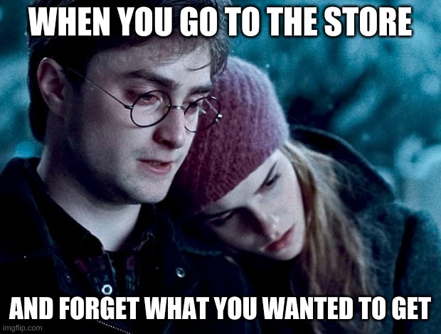  WHEN YOU GO TO THE STORE; AND FORGET WHAT YOU WANTED TO GET | image tagged in harry potter and hermione granger | made w/ Imgflip meme maker