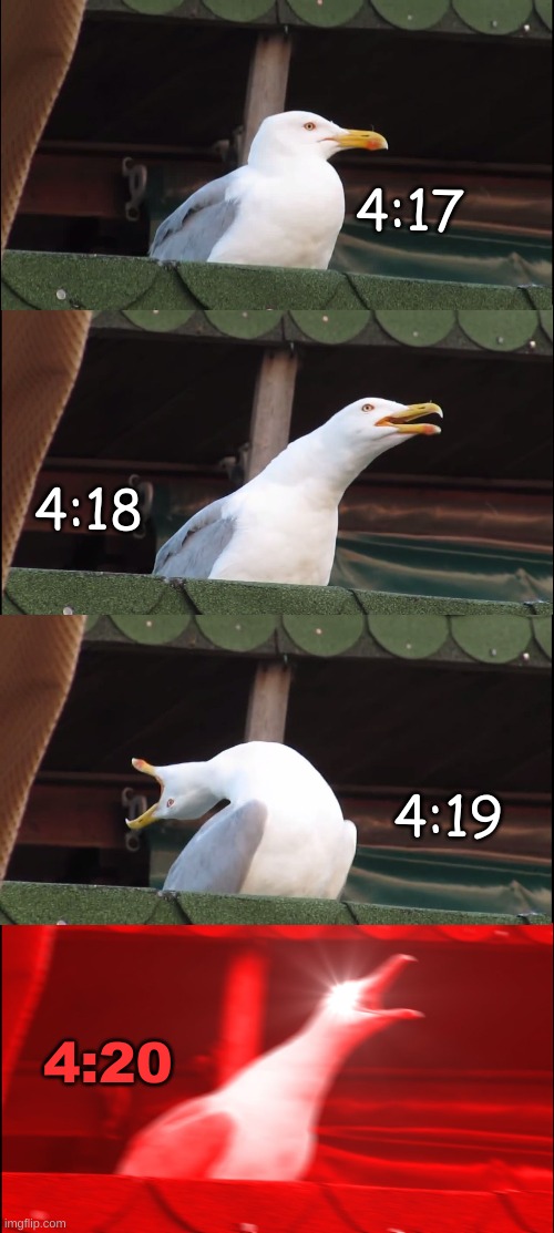 4:20 Memes - Imgflip | 4:17; 4:18; 4:19; 4:20 | image tagged in memes,inhaling seagull,420 | made w/ Imgflip meme maker