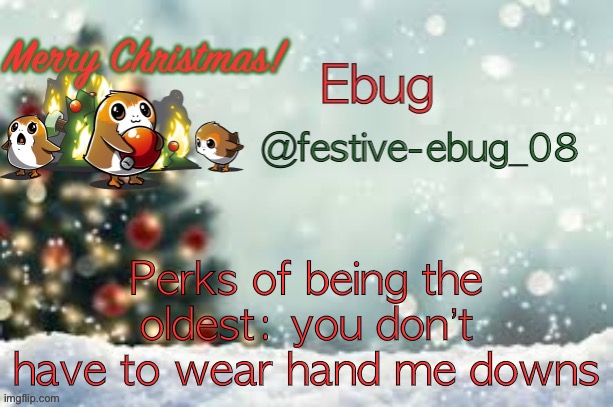 But that’s pretty much it lol | Perks of being the oldest: you don’t have to wear hand me downs | image tagged in ebug christmas announcement | made w/ Imgflip meme maker