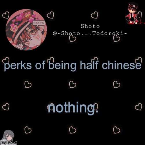 shoto 4 | perks of being half chinese; nothing. | image tagged in shoto 4 | made w/ Imgflip meme maker