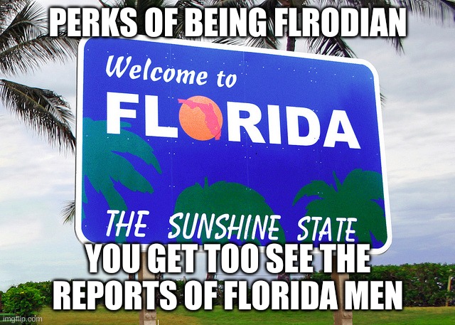 Florida | PERKS OF BEING FLRODIAN; YOU GET TOO SEE THE REPORTS OF FLORIDA MEN | image tagged in florida | made w/ Imgflip meme maker