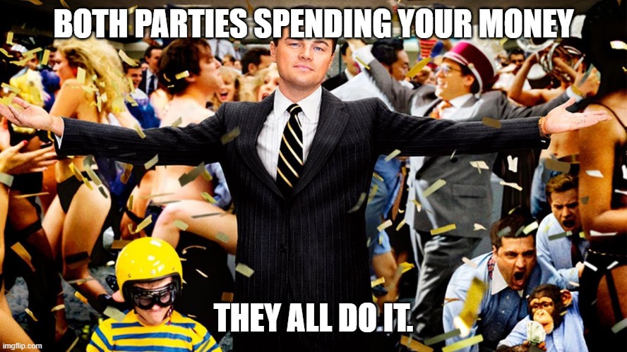 Wolf Party | BOTH PARTIES SPENDING YOUR MONEY THEY ALL DO IT. | image tagged in wolf party | made w/ Imgflip meme maker