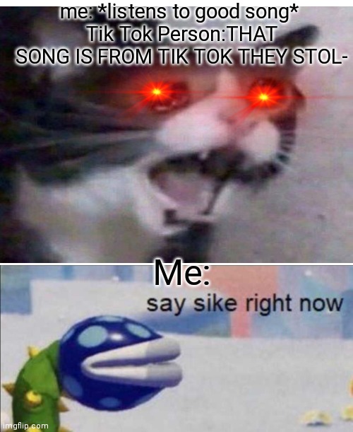 Say sike right now | me: *listens to good song* 
Tik Tok Person:THAT SONG IS FROM TIK TOK THEY STOL-; Me: | image tagged in say sike right now | made w/ Imgflip meme maker