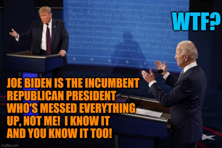trump's endgame | WTF? JOE BIDEN IS THE INCUMBENT
REPUBLICAN PRESIDENT
WHO'S MESSED EVERYTHING
UP, NOT ME!  I KNOW IT
AND YOU KNOW IT TOO! | image tagged in trump lies,joe biden worries,wtf | made w/ Imgflip meme maker