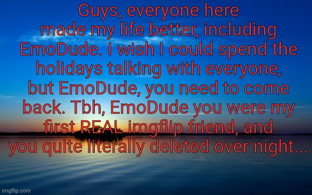 I'm pretty sure you know who I am | Guys, everyone here made my life better, including EmoDude. I wish I could spend the holidays talking with everyone, but EmoDude, you need to come back. Tbh, EmoDude you were my first REAL imgflip friend, and you quite literally deleted over night... | image tagged in inspirational quote | made w/ Imgflip meme maker
