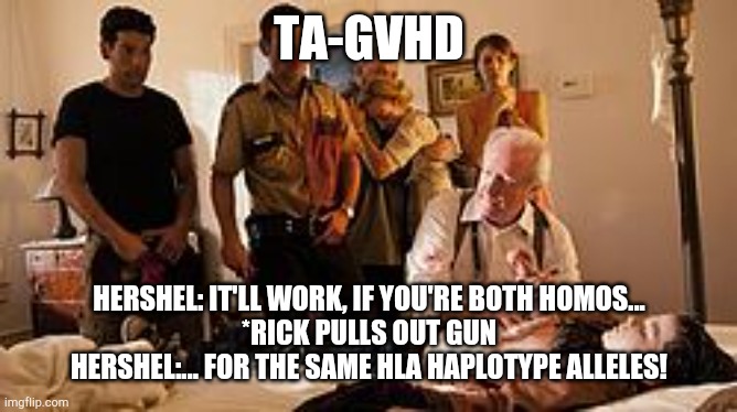 TA-GVHD | TA-GVHD; HERSHEL: IT'LL WORK, IF YOU'RE BOTH HOMOS...
*RICK PULLS OUT GUN
HERSHEL:... FOR THE SAME HLA HAPLOTYPE ALLELES! | image tagged in thewalkingdead,medical school,comedy | made w/ Imgflip meme maker