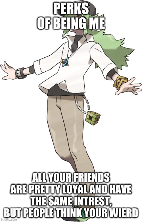 N | PERKS OF BEING ME; ALL YOUR FRIENDS ARE PRETTY LOYAL AND HAVE THE SAME INTREST, BUT PEOPLE THINK YOUR WIERD | image tagged in n | made w/ Imgflip meme maker