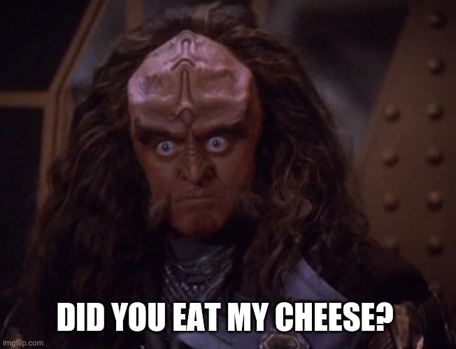 another gowron meme | DID YOU EAT MY CHEESE? | image tagged in gowron stares | made w/ Imgflip meme maker