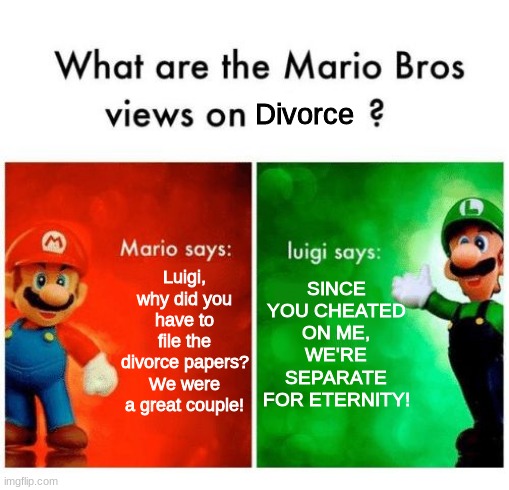 Something to make you feel a little uncomfortable | Divorce; Luigi, why did you have to file the divorce papers? We were a great couple! SINCE YOU CHEATED ON ME, WE'RE SEPARATE FOR ETERNITY! | image tagged in mario says luigi says | made w/ Imgflip meme maker