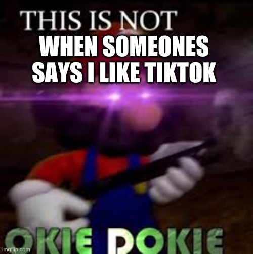 E | WHEN SOMEONES SAYS I LIKE TIKTOK | image tagged in this is not okie dokie | made w/ Imgflip meme maker