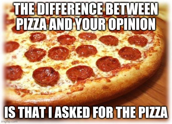 Coming out pizza  | THE DIFFERENCE BETWEEN PIZZA AND YOUR OPINION IS THAT I ASKED FOR THE PIZZA | image tagged in coming out pizza | made w/ Imgflip meme maker