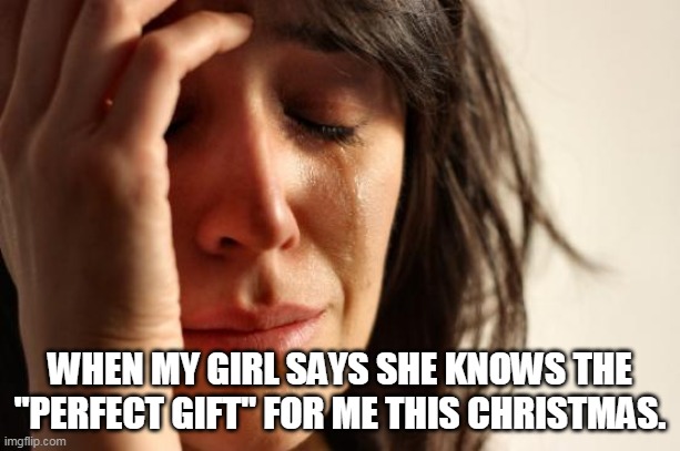 When My girl says she knows the "perfect gift" for me this christmas. | WHEN MY GIRL SAYS SHE KNOWS THE "PERFECT GIFT" FOR ME THIS CHRISTMAS. | image tagged in memes,first world problems,christmas,perfect,gift,christmas gifts | made w/ Imgflip meme maker