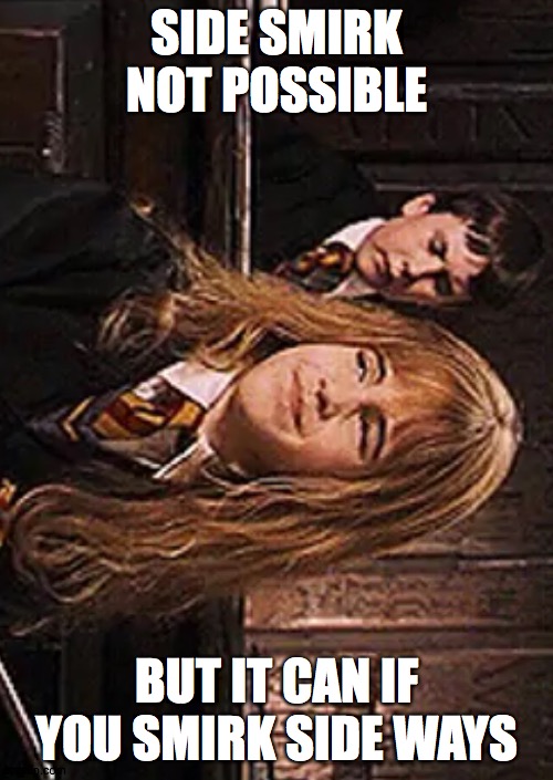 hermione |  SIDE SMIRK NOT POSSIBLE; BUT IT CAN IF YOU SMIRK SIDE WAYS | image tagged in smirk | made w/ Imgflip meme maker