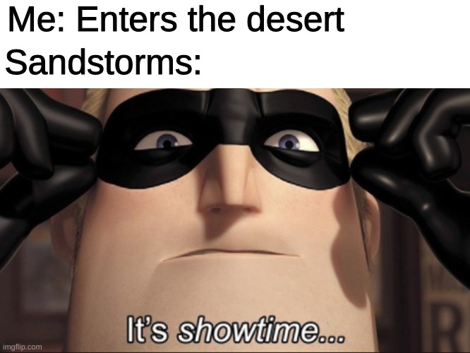 Terraria Meme | Me: Enters the desert; Sandstorms: | image tagged in blank white template,it s showtime | made w/ Imgflip meme maker