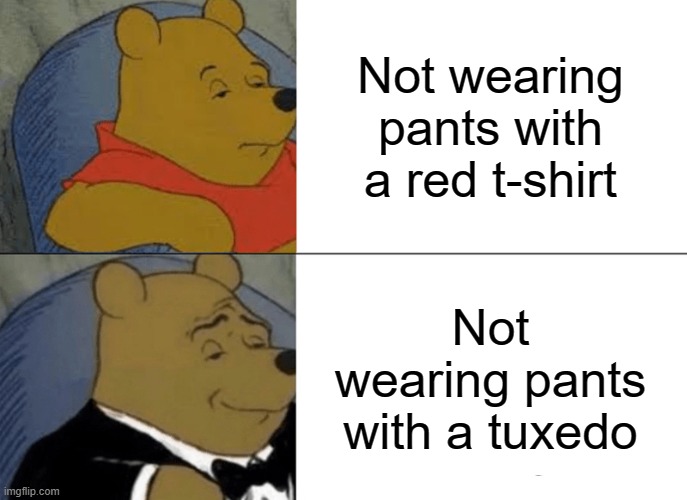 Tuxedo Winnie The Pooh | Not wearing pants with a red t-shirt; Not wearing pants with a tuxedo | image tagged in memes,tuxedo winnie the pooh | made w/ Imgflip meme maker
