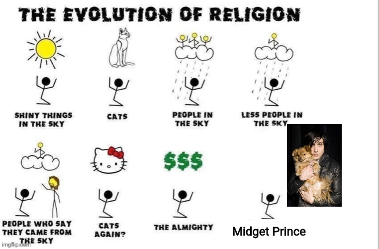 Midget Prince | Midget Prince | image tagged in the evolution of religion,frank iero,midget,prince | made w/ Imgflip meme maker