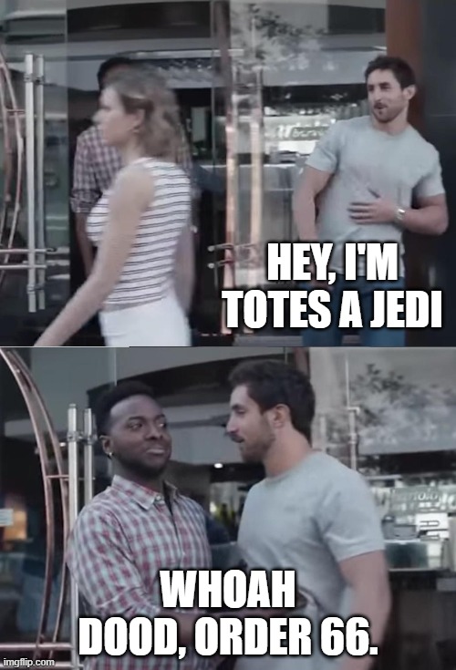 Bro, Not Cool. | HEY, I'M TOTES A JEDI; WHOAH DOOD, ORDER 66. | image tagged in bro not cool | made w/ Imgflip meme maker
