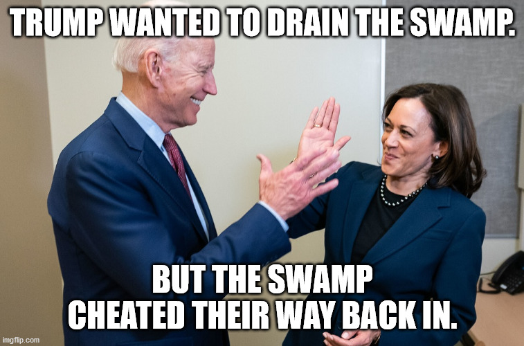 The swamp was bigger and more corrupt than Trump imagined. | TRUMP WANTED TO DRAIN THE SWAMP. BUT THE SWAMP CHEATED THEIR WAY BACK IN. | image tagged in drain the swamp,creepy joe biden,kamala harris,government corruption | made w/ Imgflip meme maker