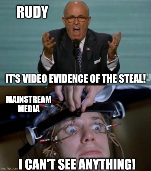 In Today's News | RUDY; IT'S VIDEO EVIDENCE OF THE STEAL! MAINSTREAM MEDIA; I CAN'T SEE ANYTHING! | image tagged in loud rudy giuliani,election 2020,election fraud,biden cheated | made w/ Imgflip meme maker