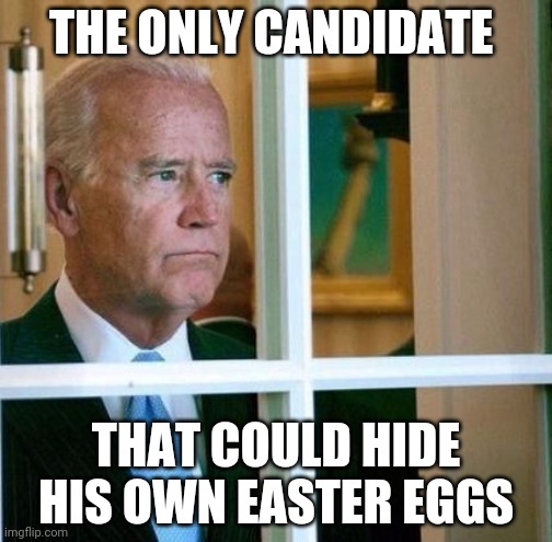 Sad Joe Biden | THE ONLY CANDIDATE; THAT COULD HIDE HIS OWN EASTER EGGS | image tagged in sad joe biden | made w/ Imgflip meme maker