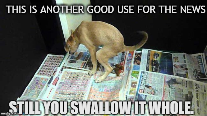 THIS IS ANOTHER GOOD USE FOR THE NEWS; STILL YOU SWALLOW IT WHOLE. | made w/ Imgflip meme maker