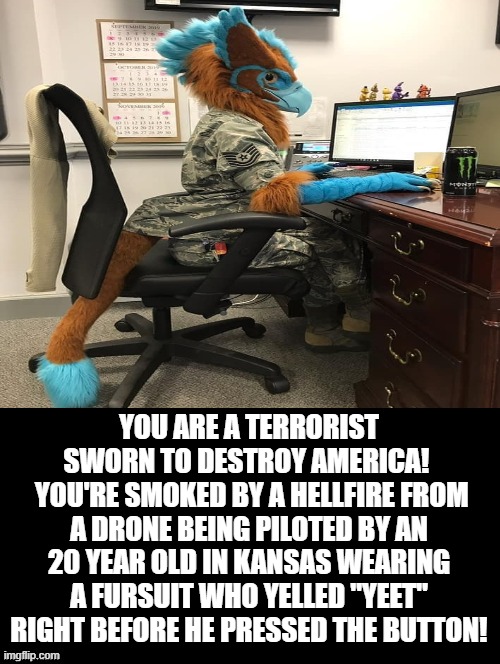 YEET!!! | YOU ARE A TERRORIST SWORN TO DESTROY AMERICA! 
 YOU'RE SMOKED BY A HELLFIRE FROM A DRONE BEING PILOTED BY AN 20 YEAR OLD IN KANSAS WEARING A FURSUIT WHO YELLED "YEET" RIGHT BEFORE HE PRESSED THE BUTTON! | image tagged in furries,terrorists | made w/ Imgflip meme maker