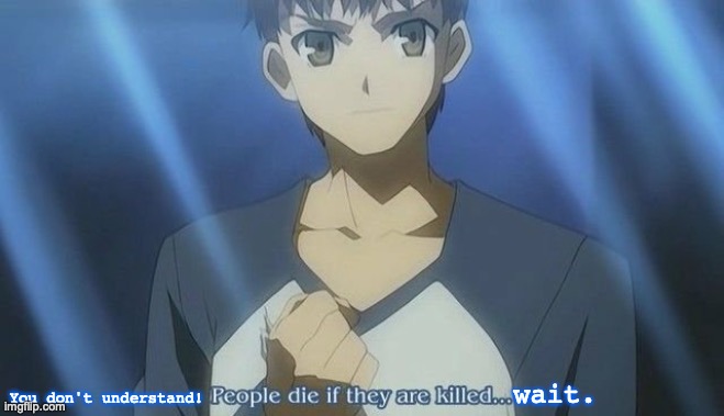 Shirou realizes what he just said is kinda stupid. | You don't understand! wait. | image tagged in fate people die when they are killed,captain obvious,subversion,anime,wait,fate/stay night | made w/ Imgflip meme maker