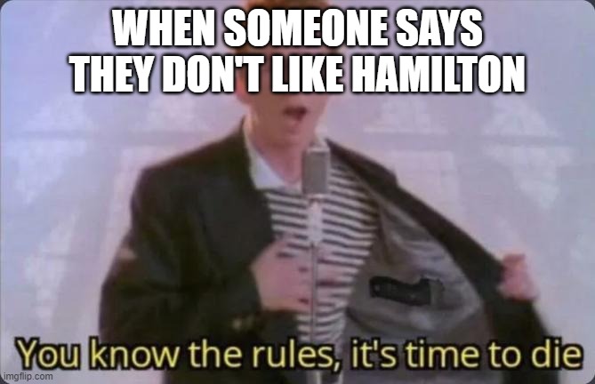 You know the rules, it's time to die | WHEN SOMEONE SAYS THEY DON'T LIKE HAMILTON | image tagged in you know the rules it's time to die | made w/ Imgflip meme maker