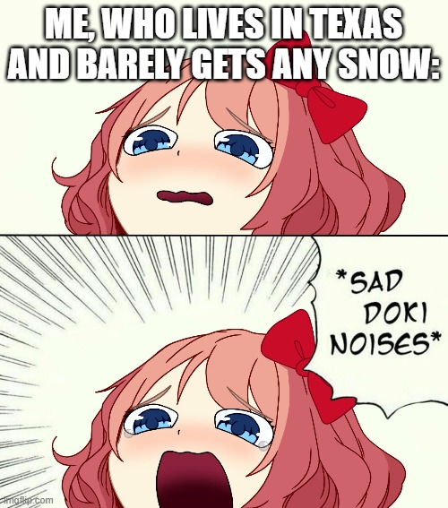 Sad Doki noises | ME, WHO LIVES IN TEXAS AND BARELY GETS ANY SNOW: | image tagged in sad doki noises | made w/ Imgflip meme maker